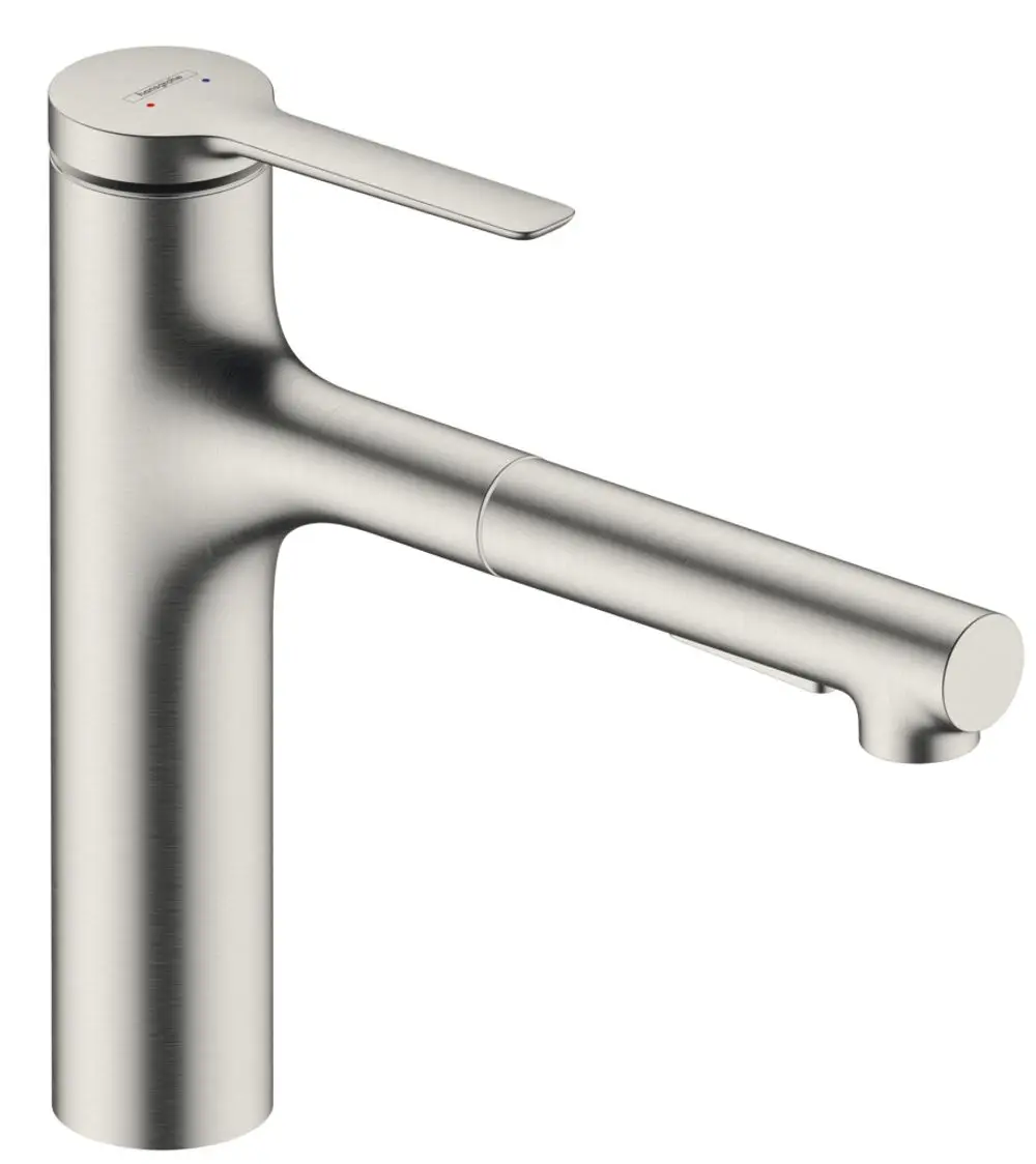 Hochwertiger Küchenmischer von Hansgrohe in Edelstahl-Optik mit schwenkbarem Auslauf und funktionaler Ausziehbrause für verschiedene Strahlarten.